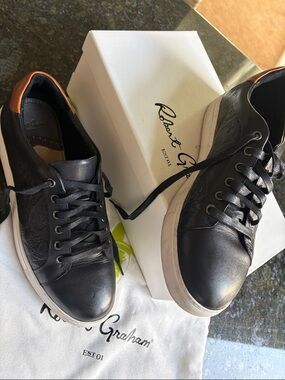 Robert Graham Black Leather Low-Top Sneakers with Brown Heel Tab